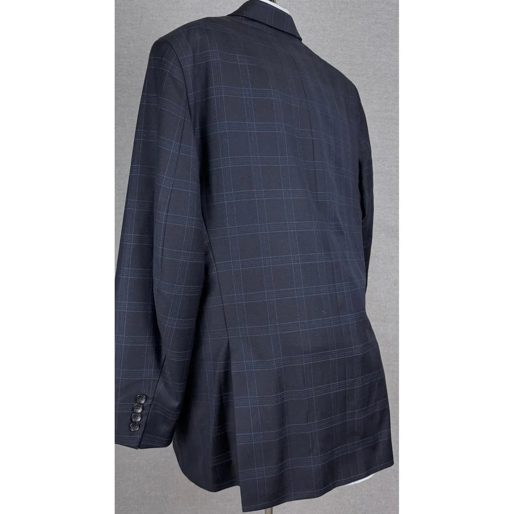 Tom James Mens 42L Navy Blue Plaid 100% Wool 3 Button Blazer Sport Coat Jacket